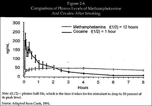 図2-6： 喫煙後の塩酸メタンフェタミンとコカインの血漿濃度の比較